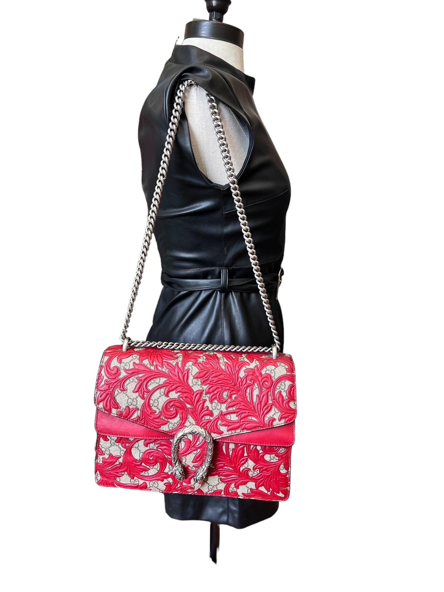 used Gucci® GG Supreme Monogram Arabesque Medium Dionysus Shoulder Bag Hibiscus Red