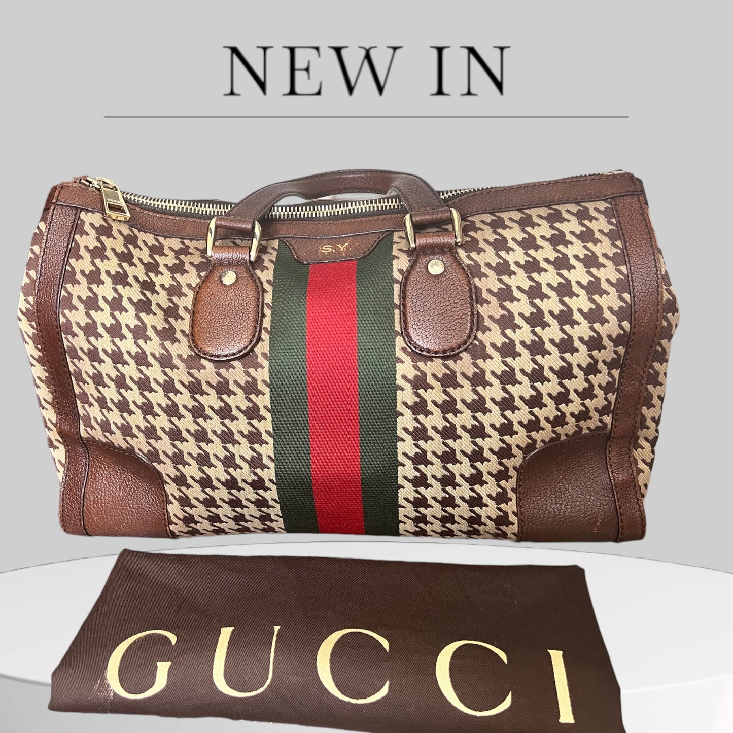 Used Gucci® Joy Boston Houndstooth Fabric 70s Web Brown Shoulder bag weekender Travel