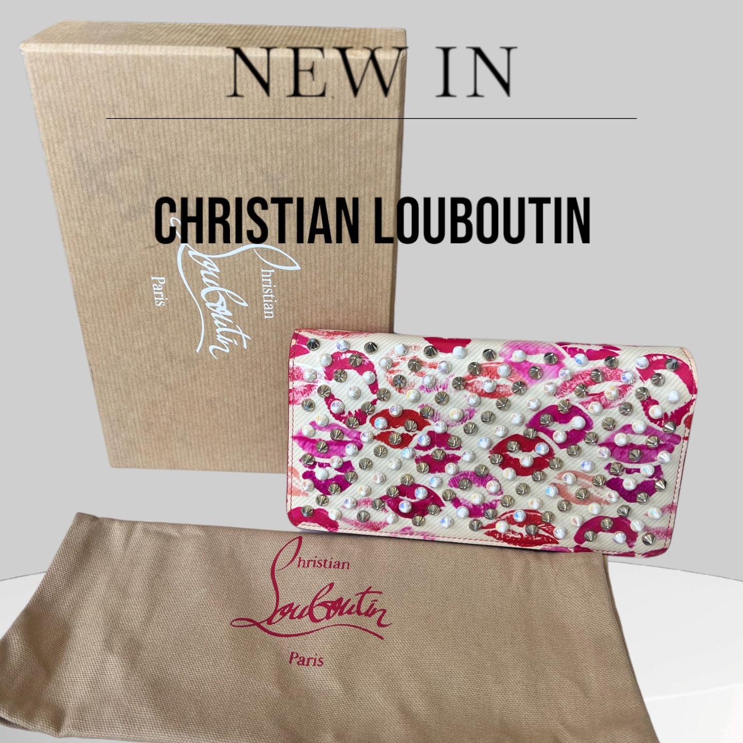 Used CHRISTIAN LOUBOUTIN MACARON SPIKED LIPS WALLET WHITE PATENT LEATHER CLUTCH