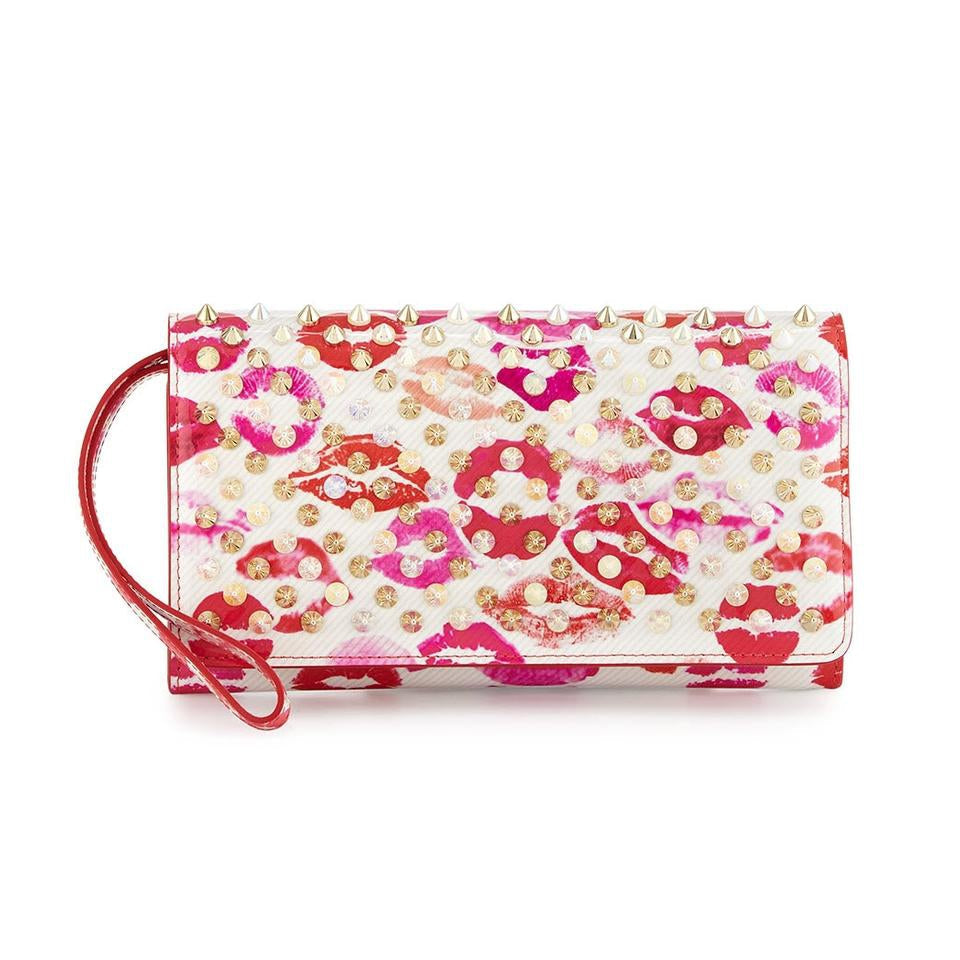 Used CHRISTIAN LOUBOUTIN MACARON SPIKED LIPS WALLET WHITE PATENT LEATHER CLUTCH