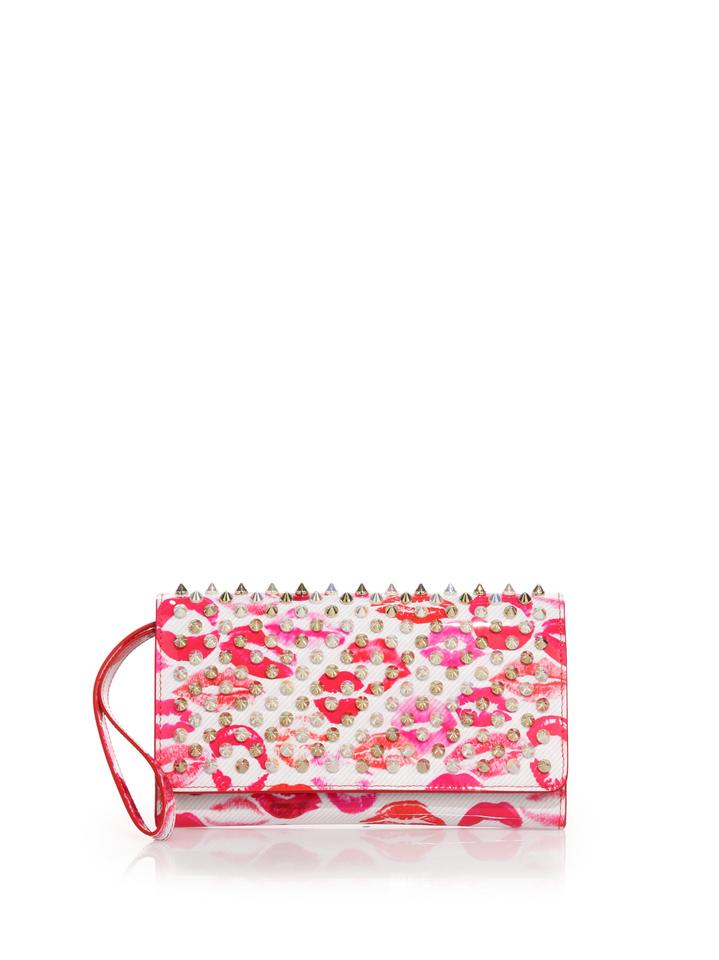 Used CHRISTIAN LOUBOUTIN MACARON SPIKED LIPS WALLET WHITE PATENT LEATHER CLUTCH