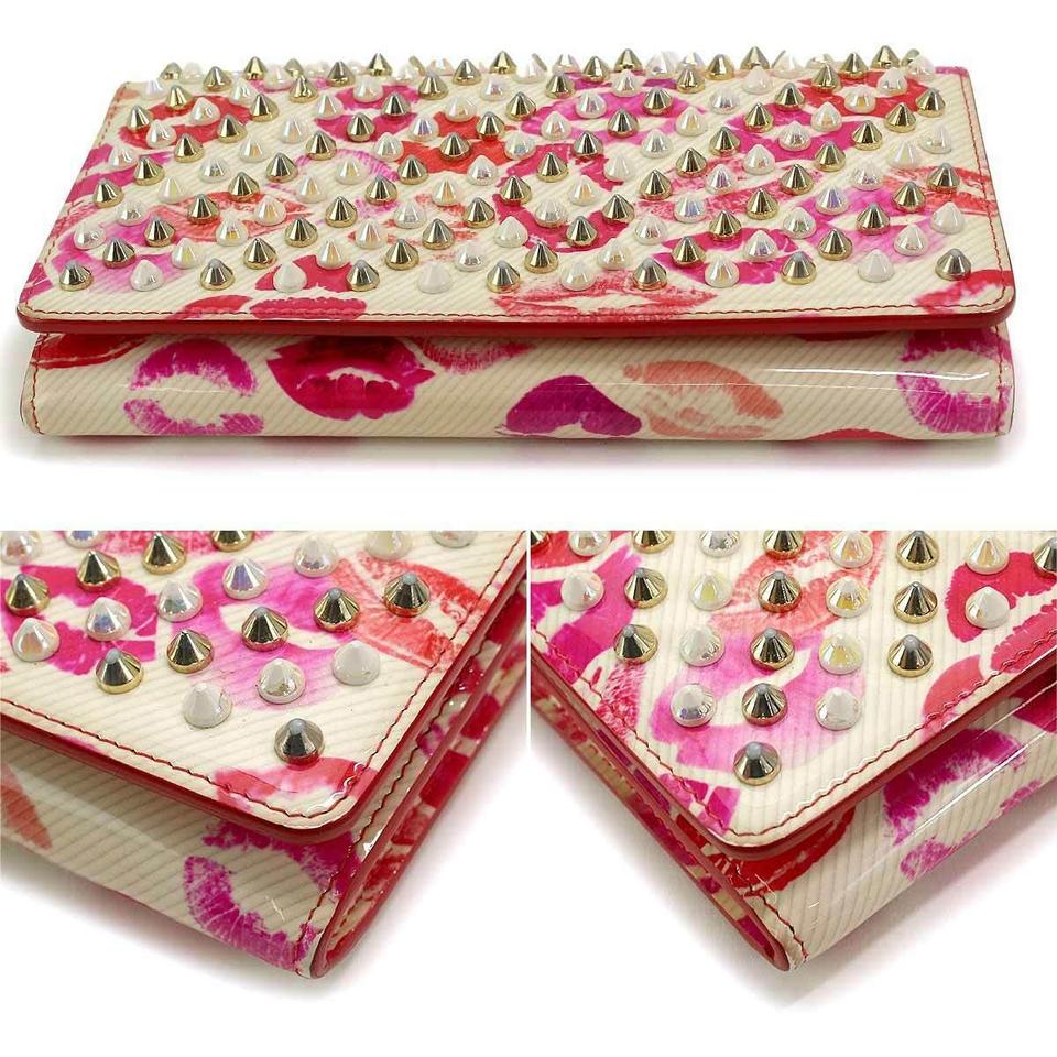 Used CHRISTIAN LOUBOUTIN MACARON SPIKED LIPS WALLET WHITE PATENT LEATHER CLUTCH