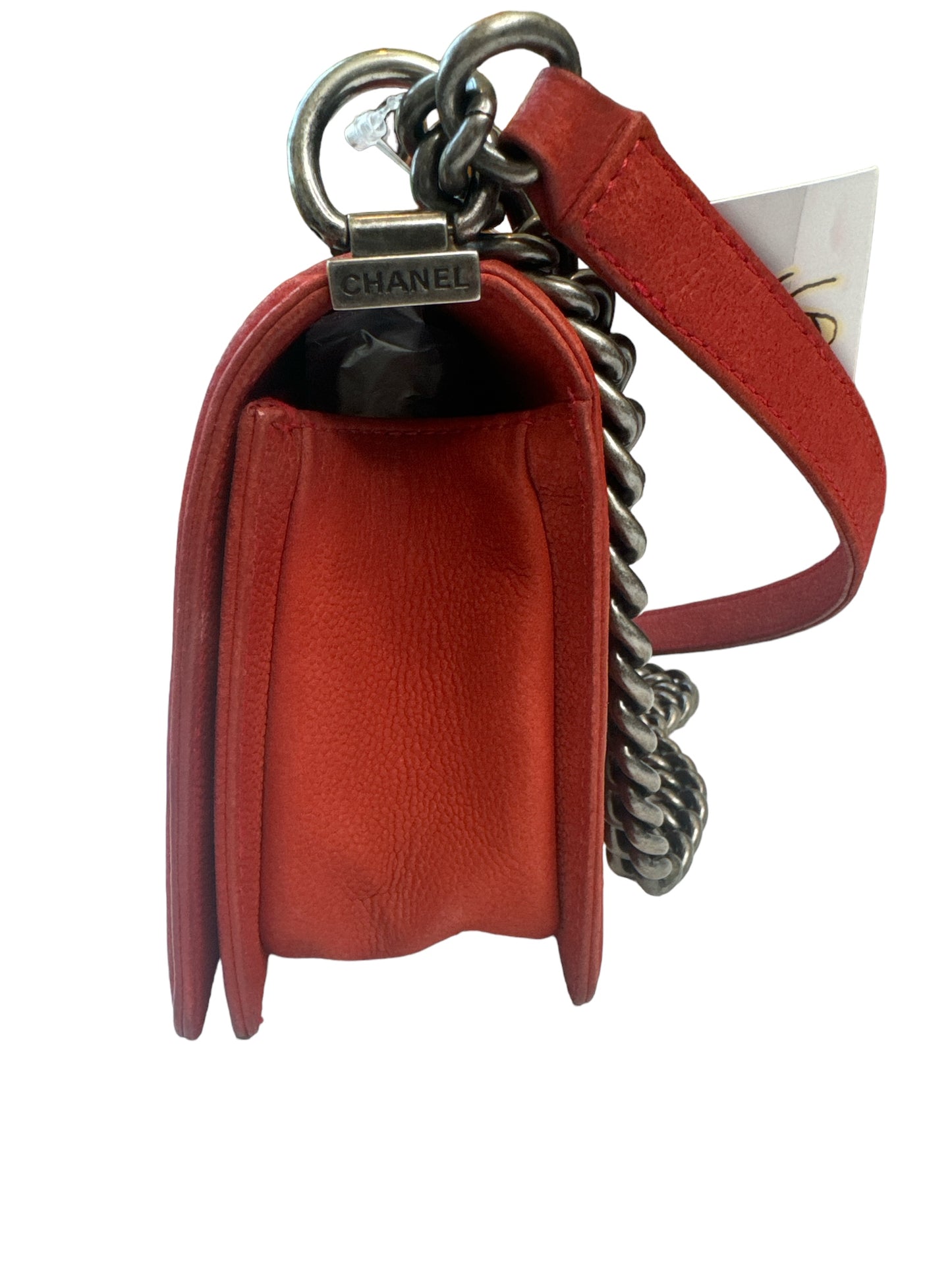 Pre-owned CHANEL CAVIAR BOY OLD MEDIUM 25CM QUILTED SUEDE CALFSKIN RED LEBOY SILVER HARDWARE SERIES 18