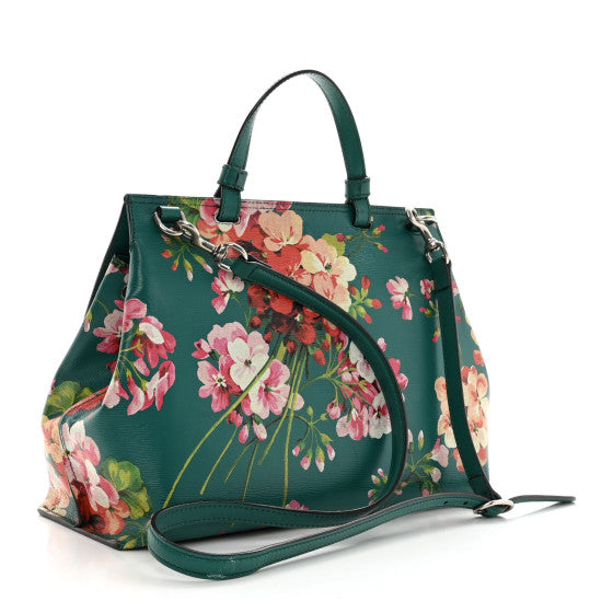 Pre-owned GUCCI
Shangai Calfskin Blooms Print Medium Bamboo Daily Top Handle Bag Clear Bright Emerald Multicolor