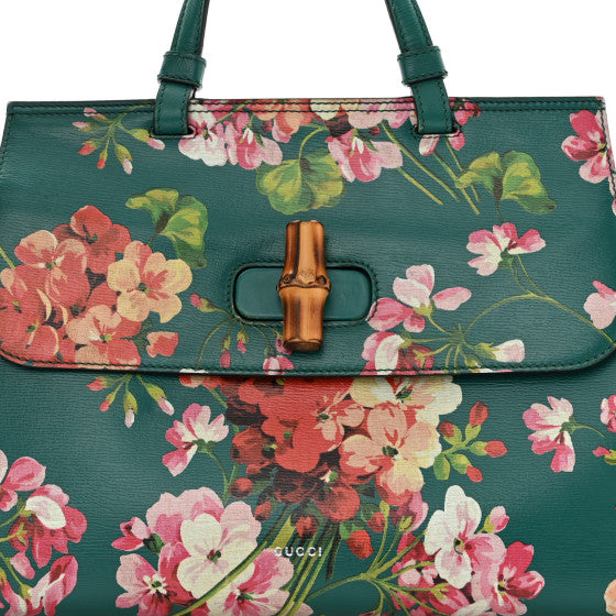 Pre-owned GUCCI
Shangai Calfskin Blooms Print Medium Bamboo Daily Top Handle Bag Clear Bright Emerald Multicolor
