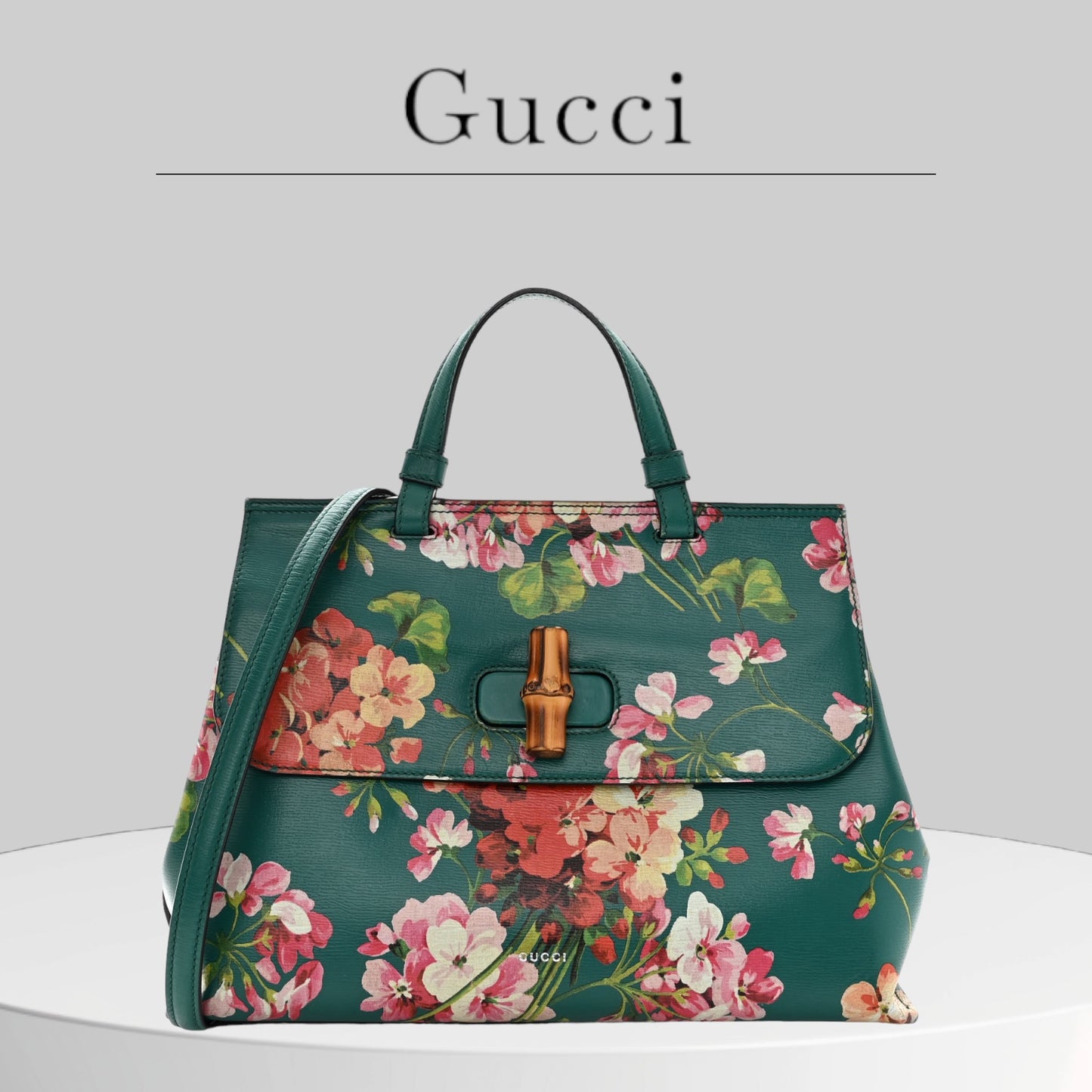 Pre-owned GUCCI
Shangai Calfskin Blooms Print Medium Bamboo Daily Top Handle Bag Clear Bright Emerald Multicolor