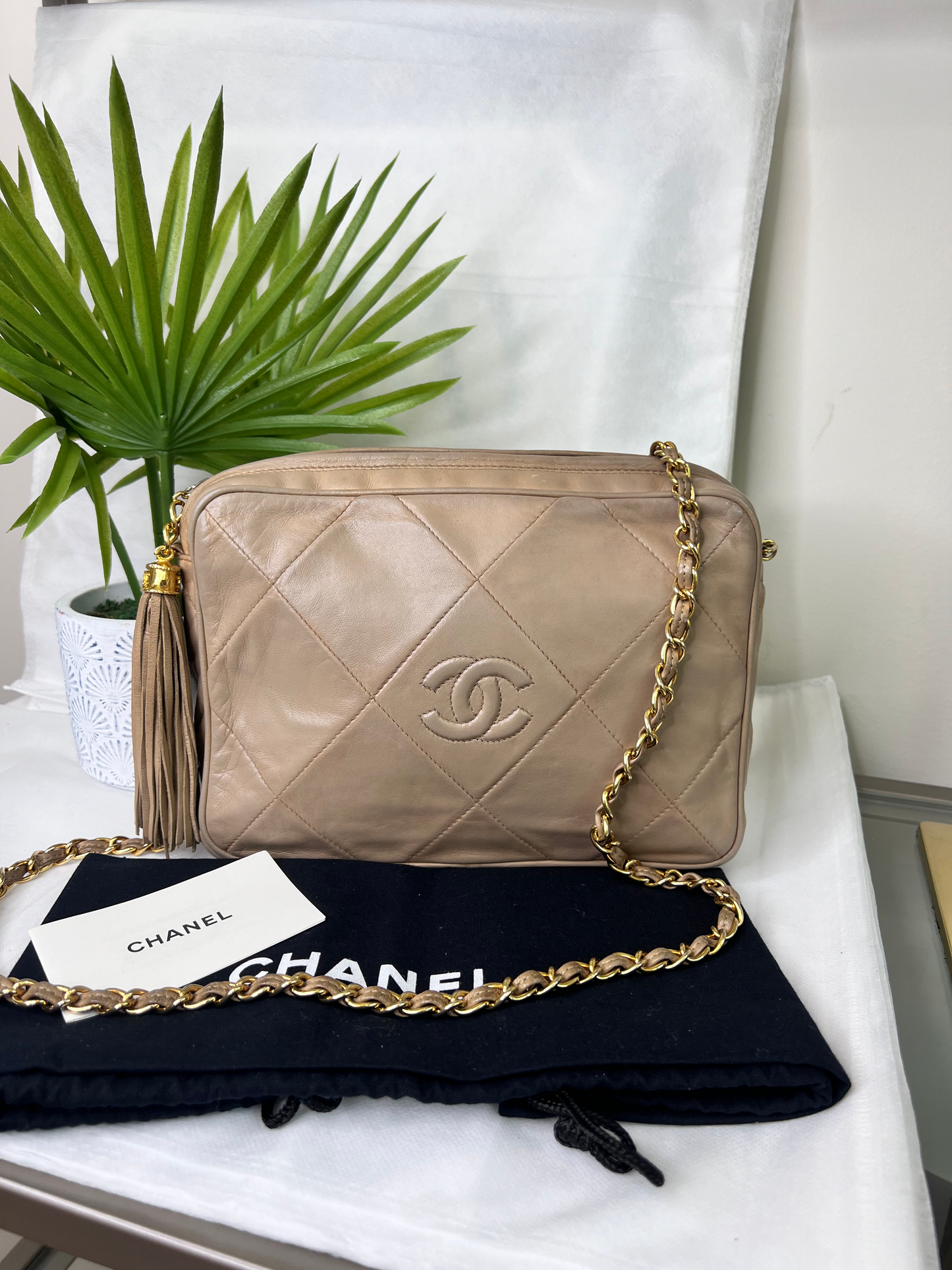 Vintage Used Chanel® Matelassé Fringe Chain Shoulder Bag Beige Lambskin