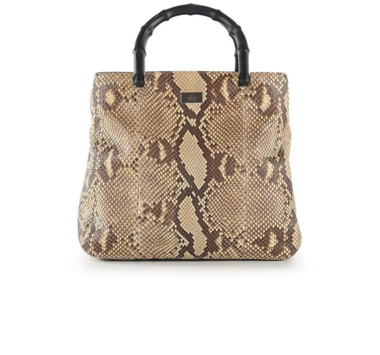 Used  Loved Gucci Beige Brown Snakeskin Leather Bag With Black Bamboo Top Handles