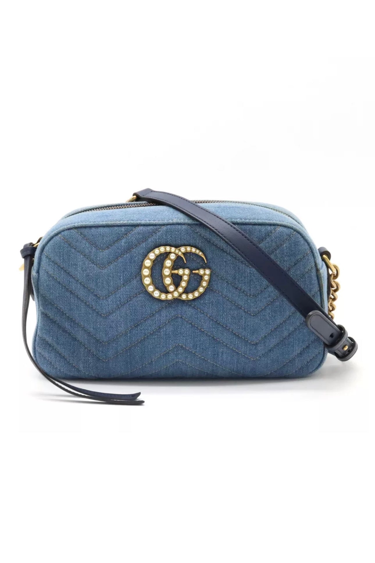 Pre-owned excellent condition A+  GUCCI GG Marmont Shoulder Bag Chain Bag Crossbody Denim Fake Pearl Blue