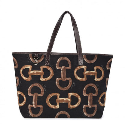 Used GUCCI 
Canvas Bamboo Horsebit Print Tote Brown