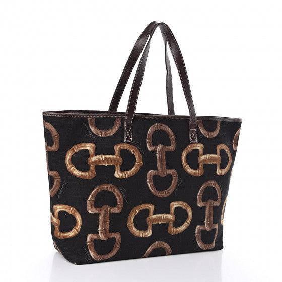 Used GUCCI 
Canvas Bamboo Horsebit Print Tote Brown