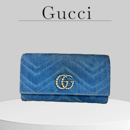 Used GUCCI 
Denim Matelasse Pearly GG Marmont Continental Wallet Blue