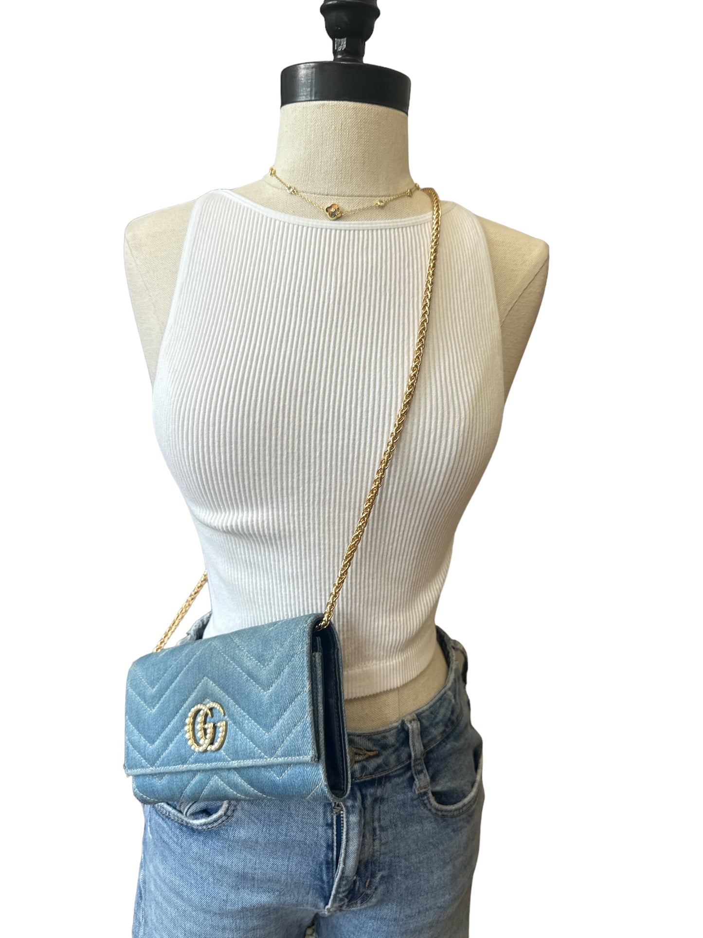 Used GUCCI 
Denim Matelasse Pearly GG Marmont Continental Wallet Blue