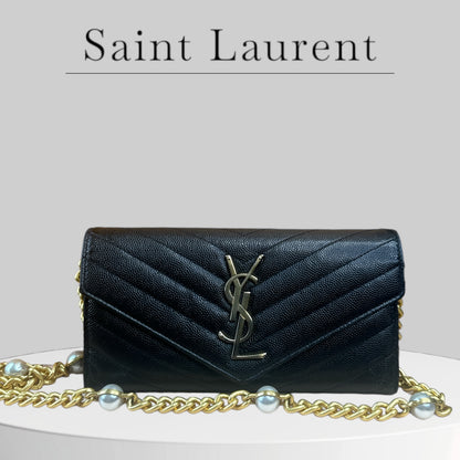 Used  Saint Laurent Long Wallet YSL Large Black Leather V Stitch Gold Fittings