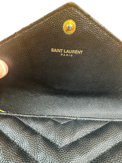 Used  Saint Laurent Long Wallet YSL Large Black Leather V Stitch Gold Fittings