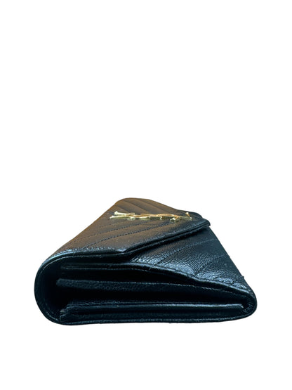 Used  Saint Laurent Long Wallet YSL Large Black Leather V Stitch Gold Fittings