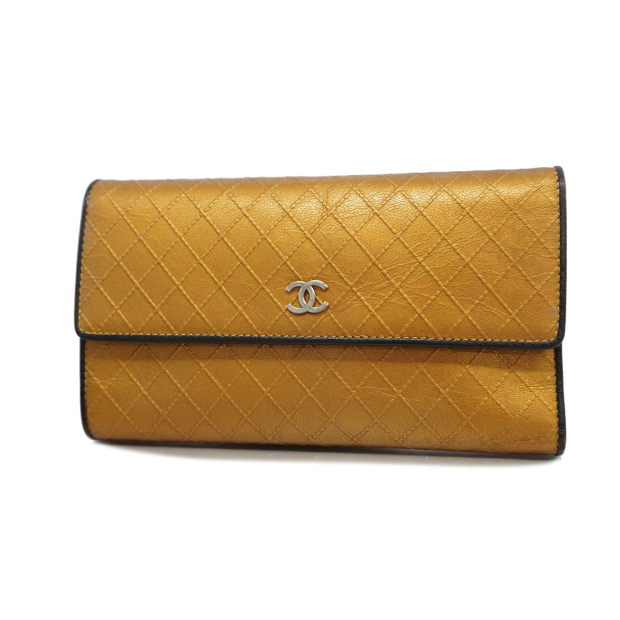 Used Chanel tri-fold long wallet bicolore leather black/gold silver Metal