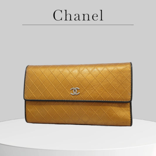 Used Chanel tri-fold long wallet bicolore leather black/gold silver Metal