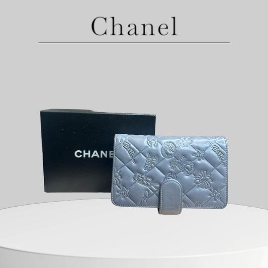 Used CHANEL Icon Line Logo Embossed Folding Wallet Gray Rare