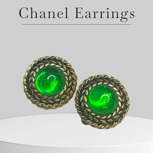 Used CHANEL Green x Gold Earrings gripois Vintage