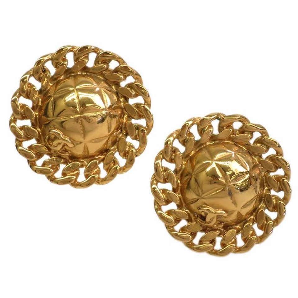 Used Chanel Vintage Gold Chain Link CC Round Stud Button Earrings in Box