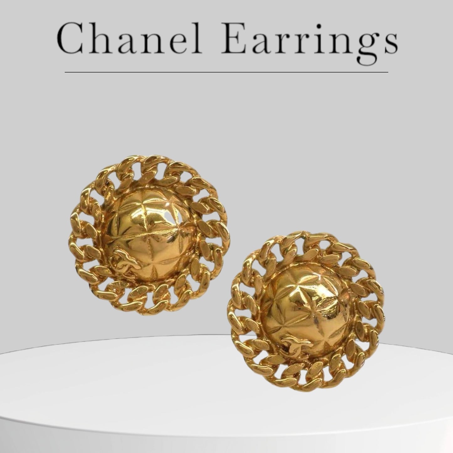 Used Chanel Vintage Gold Chain Link CC Round Stud Button Earrings in Box