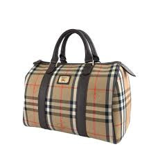 Used BURBERRY Classic Check Logo Canvas Leather Handbag Boston bag Brown Vintage