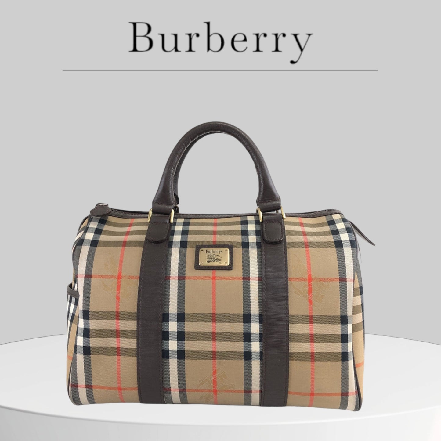 Used BURBERRY Classic Check Logo Canvas Leather Handbag Boston bag Brown Vintage