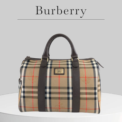 Used BURBERRY Classic Check Logo Canvas Leather Handbag Boston bag Brown Vintage