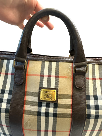 Used BURBERRY Classic Check Logo Canvas Leather Handbag Boston bag Brown Vintage