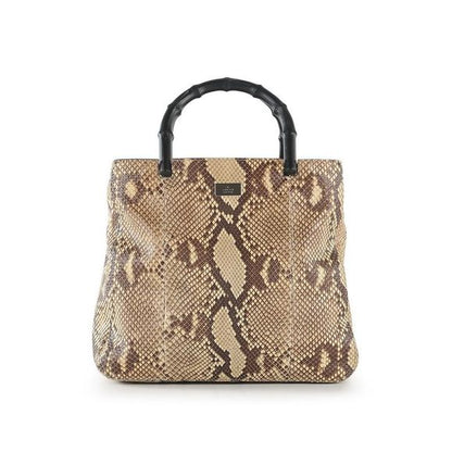 Used  Loved Gucci Beige Brown Snakeskin Leather Bag With Black Bamboo Top Handles