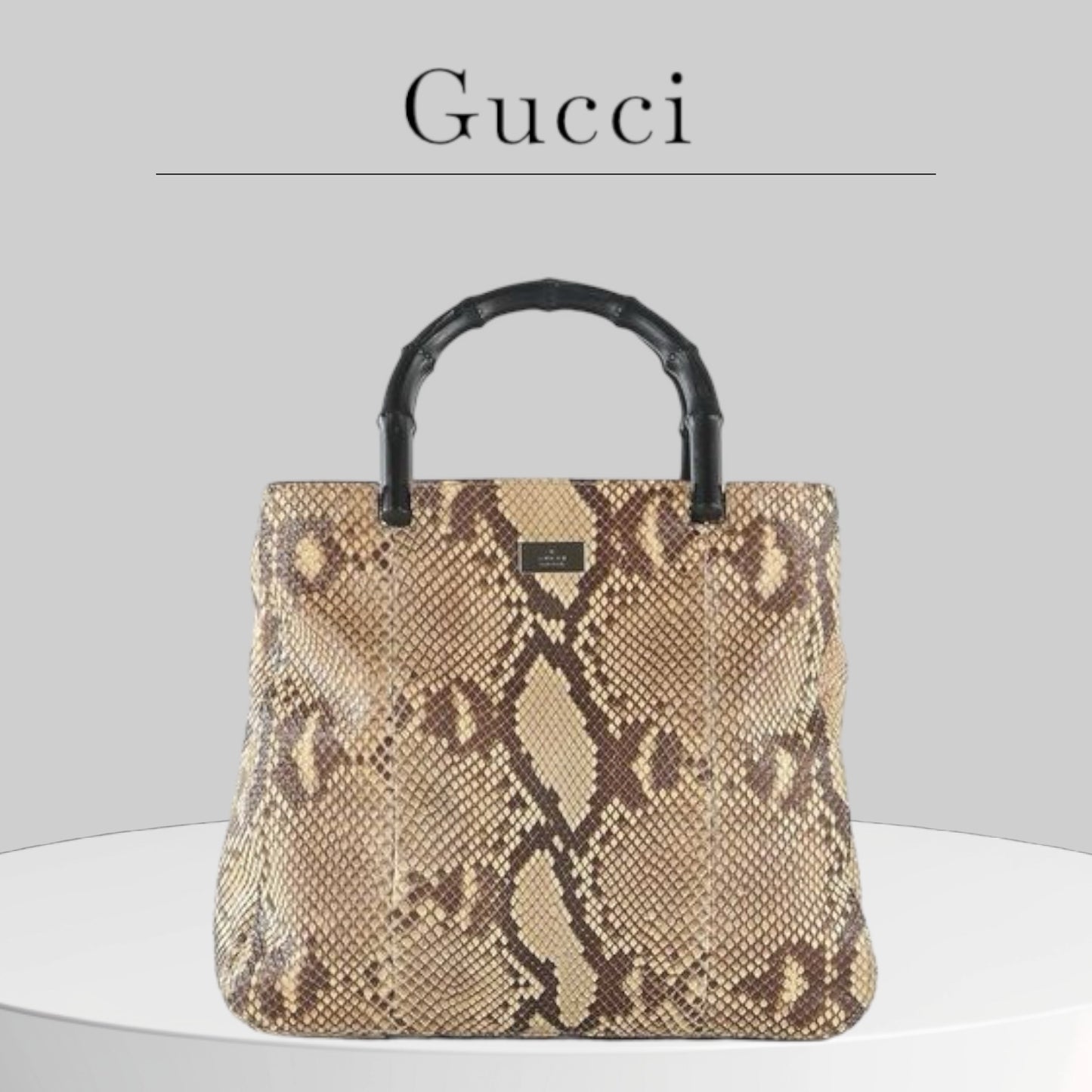 Used  Loved Gucci Beige Brown Snakeskin Leather Bag With Black Bamboo Top Handles