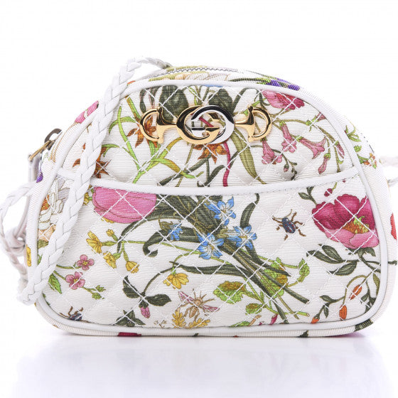 Used GUCCI 
Canvas Flora Floral Trapuntata Mini Zumi Dome Shoulder Bag White