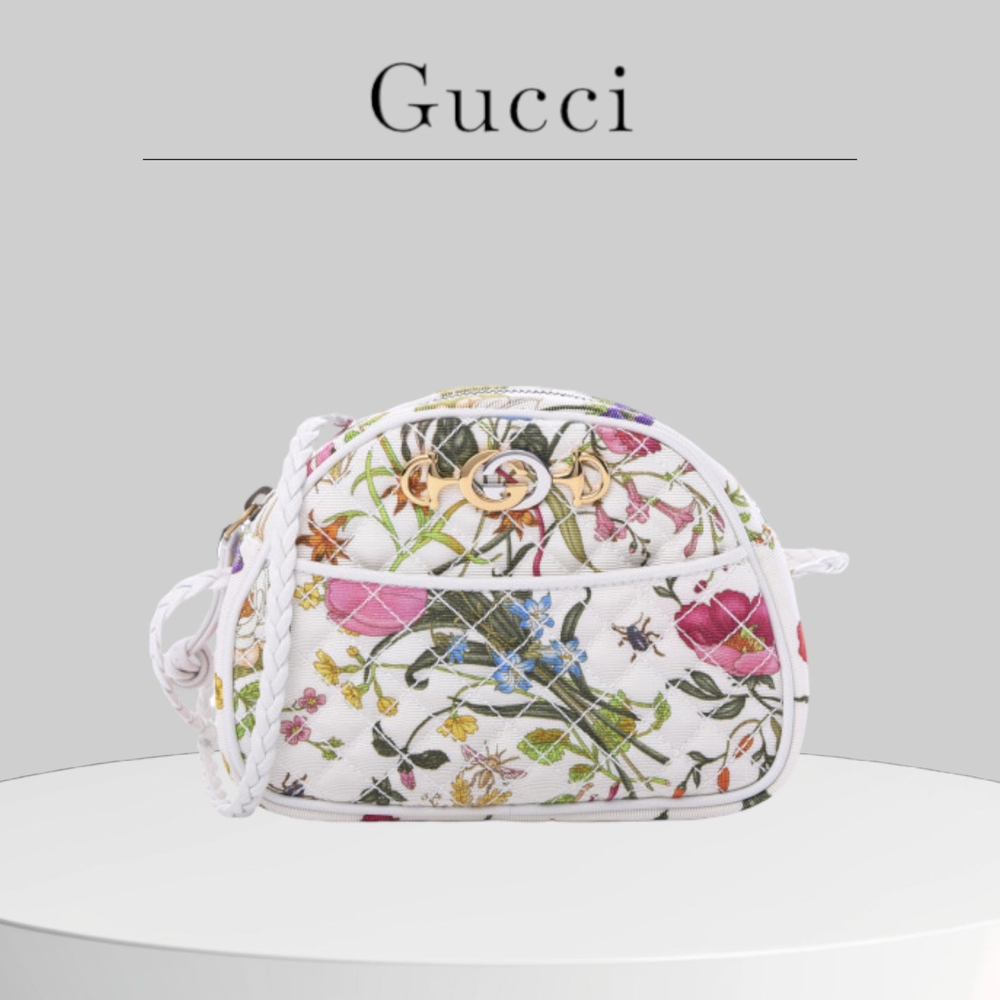 Used GUCCI 
Canvas Flora Floral Trapuntata Mini Zumi Dome Shoulder Bag White