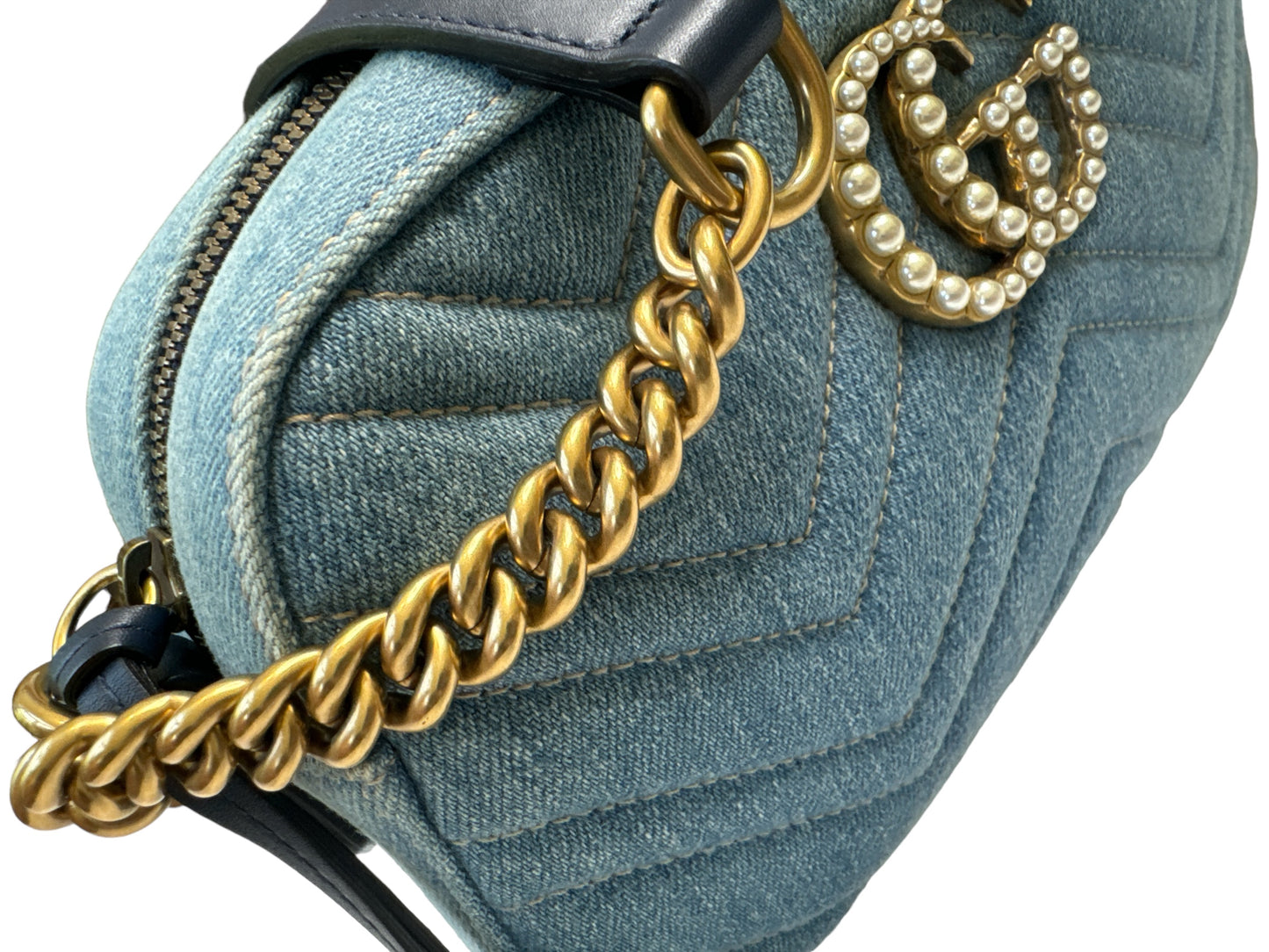 Pre-owned excellent condition A+  GUCCI GG Marmont Shoulder Bag Chain Bag Crossbody Denim Fake Pearl Blue