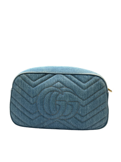 Pre-owned excellent condition A+  GUCCI GG Marmont Shoulder Bag Chain Bag Crossbody Denim Fake Pearl Blue