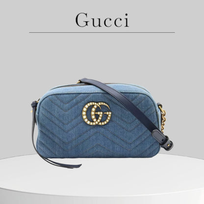 Pre-owned excellent condition A+  GUCCI GG Marmont Shoulder Bag Chain Bag Crossbody Denim Fake Pearl Blue