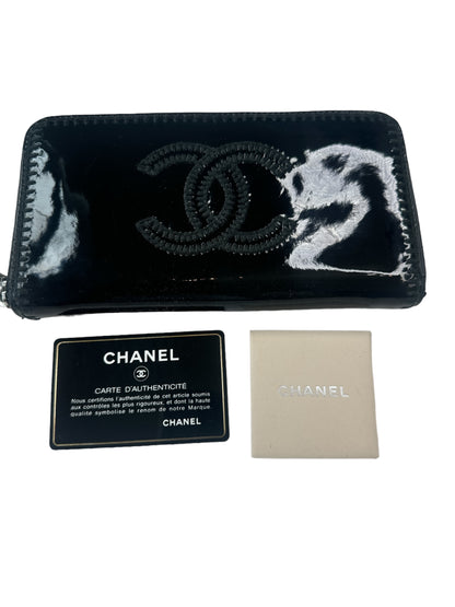 Pre-owned excellent condition A+ Chanel FULL INCLUSION Zip Wallet, Black Patent Leather Silver Hardware