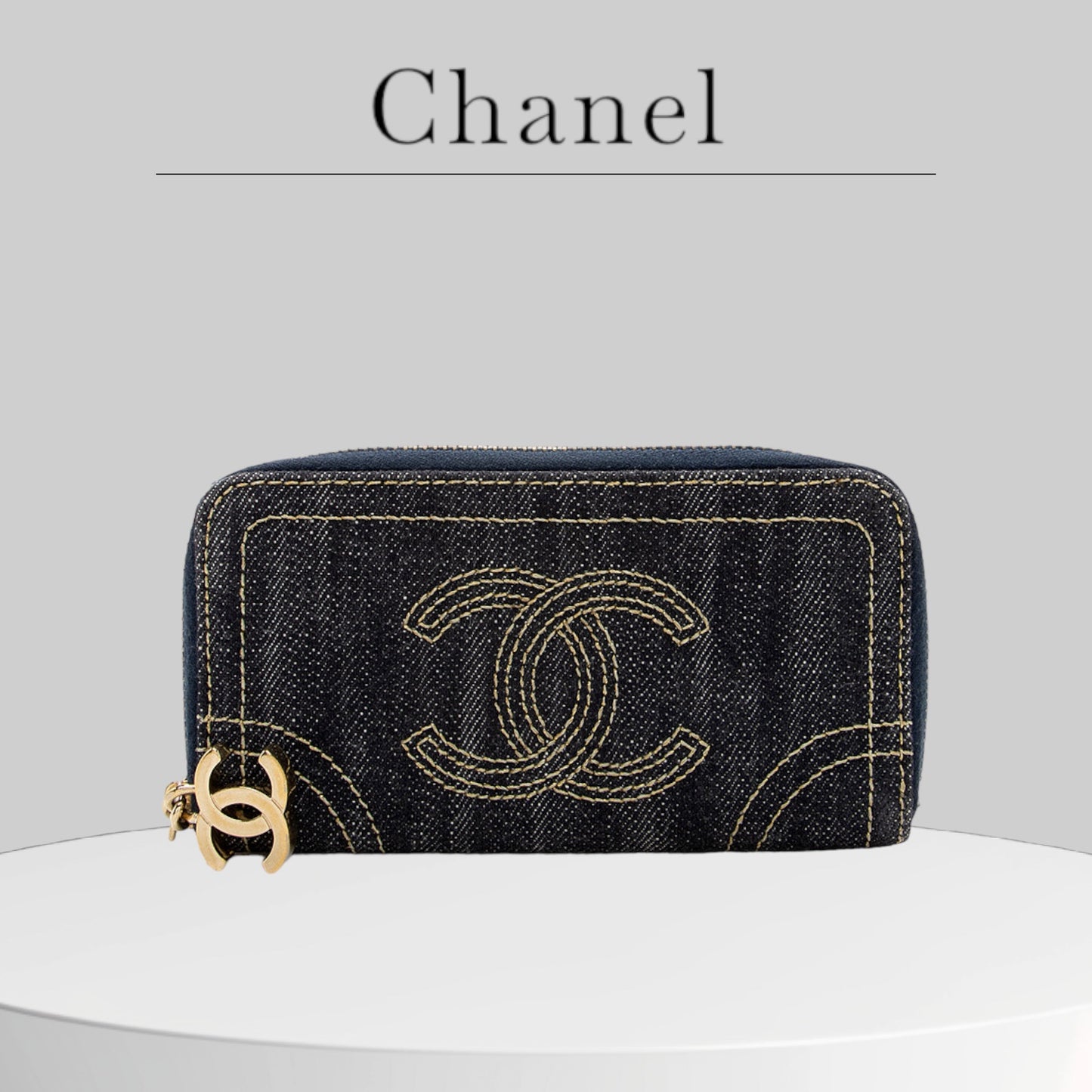 Pre-owed excellent condition Chanel Denim CC Zip Around Wallet